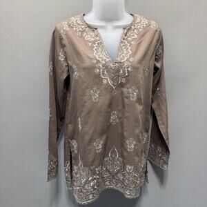 Sigrid Olsen Signature Taupe Embroidered 3/4 Sleeve Boho Tunic Top Size Small